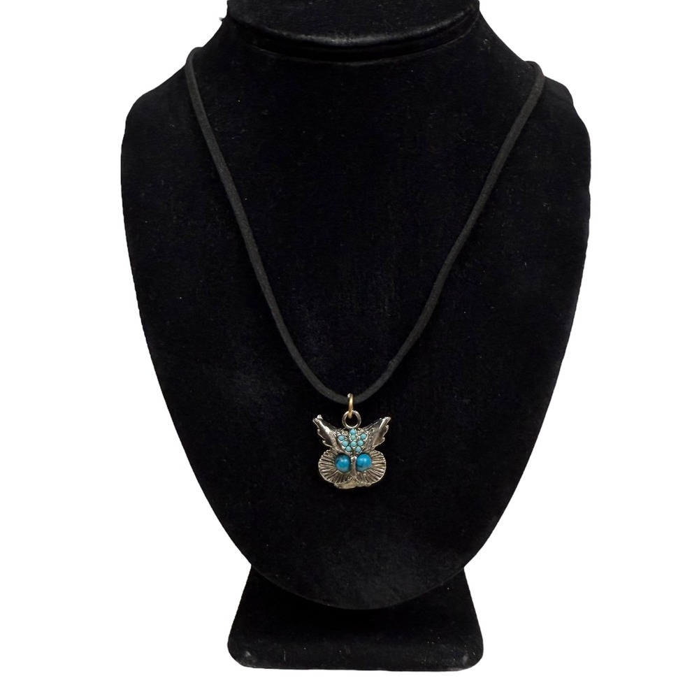 Owl Pendant Necklace Turquoise Accent Silver Tone Boho Fashion Jewelry 13.5 in